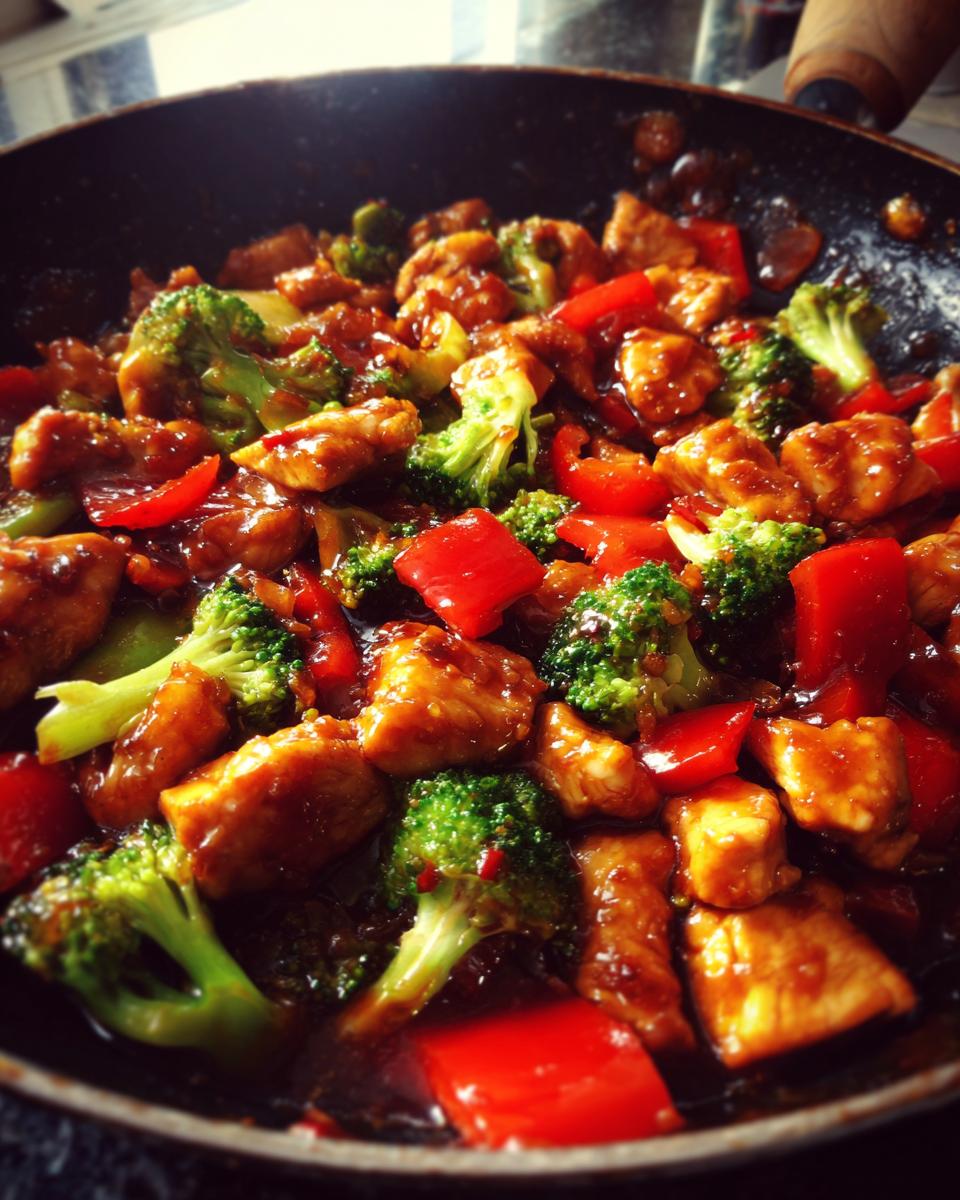 Close-up of a healthy comfort food stir-fry with chicken, broccoli, and red bell peppers in a glossy sauce.