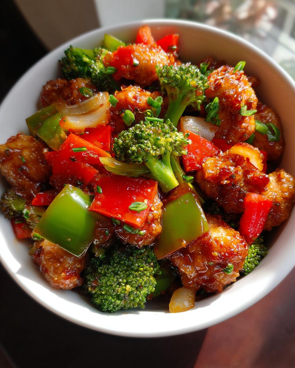 A bowl of healthy comfort food featuring stir-fried chicken pieces with broccoli, red and green bell peppers, and onions.
