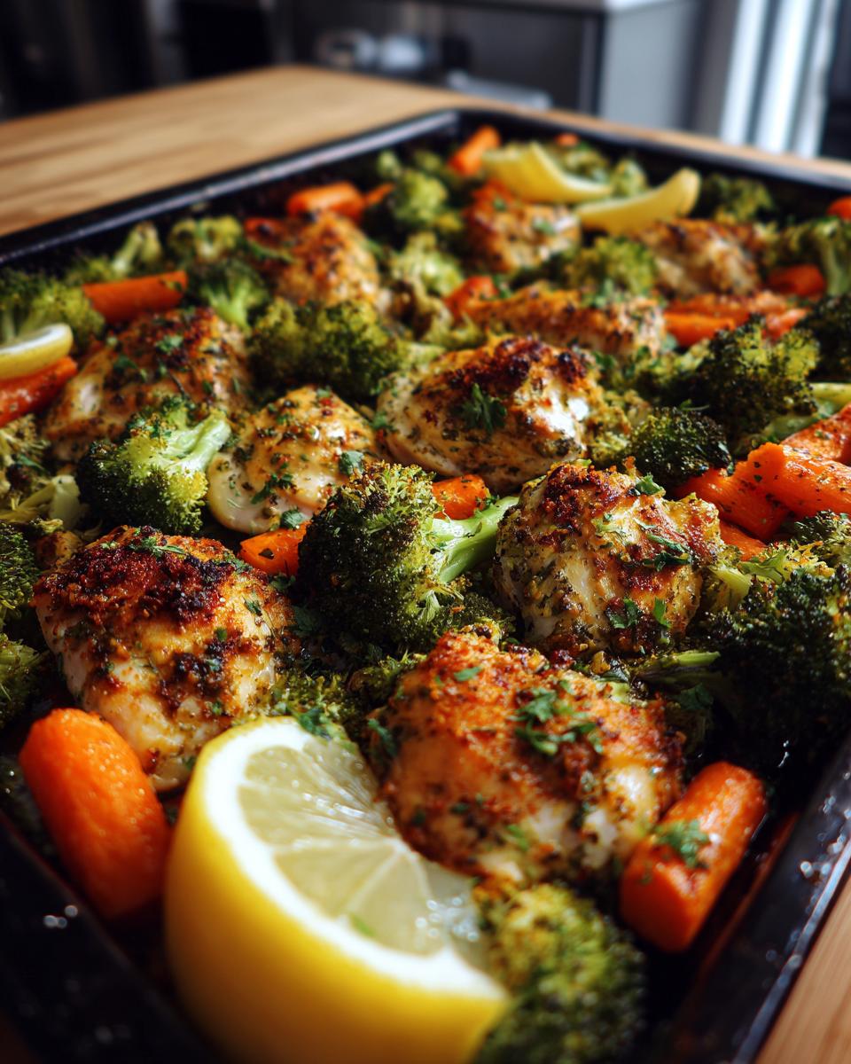 A close-up of a sheet pan filled with seasoned chicken pieces, broccoli florets, baby carrots, and lemon wedges, perfect for healthy family dinners.
