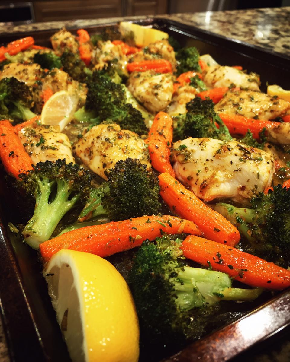 A close-up of a sheet pan filled with roasted chicken, broccoli, and carrots, a perfect option for healthy family dinners.