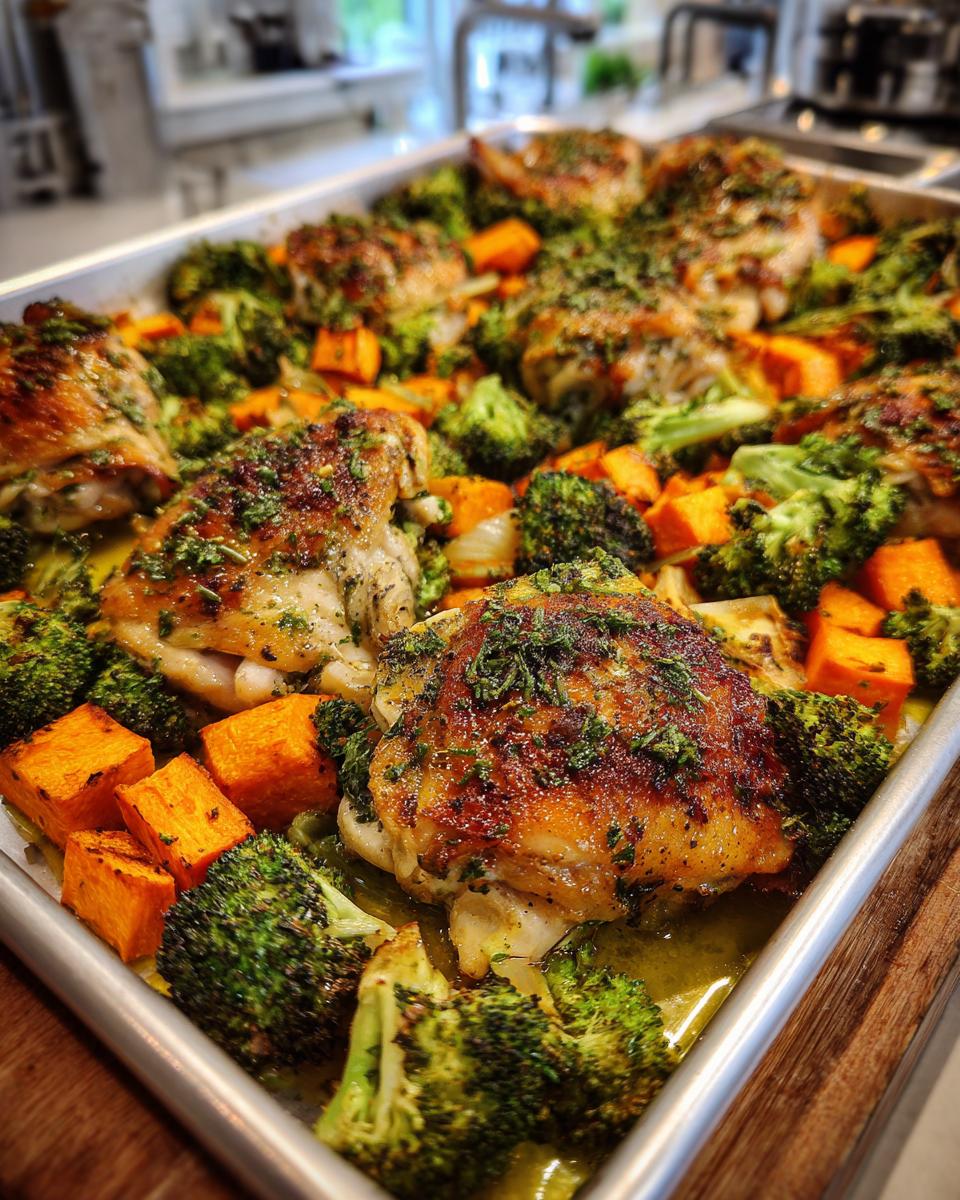 A full sheet pan of roasted chicken thighs, broccoli florets, and cubed sweet potatoes, seasoned with herbs. Healthy Meal Prep Recipes.