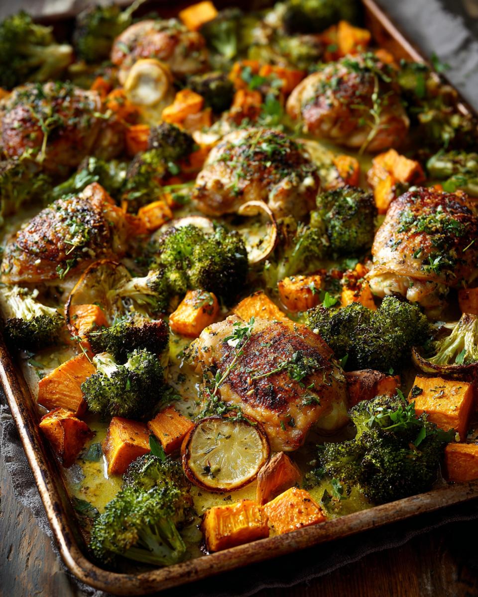 A close-up of a sheet pan filled with roasted chicken thighs, broccoli florets, and cubed sweet potatoes, a perfect healthy meal prep recipe.