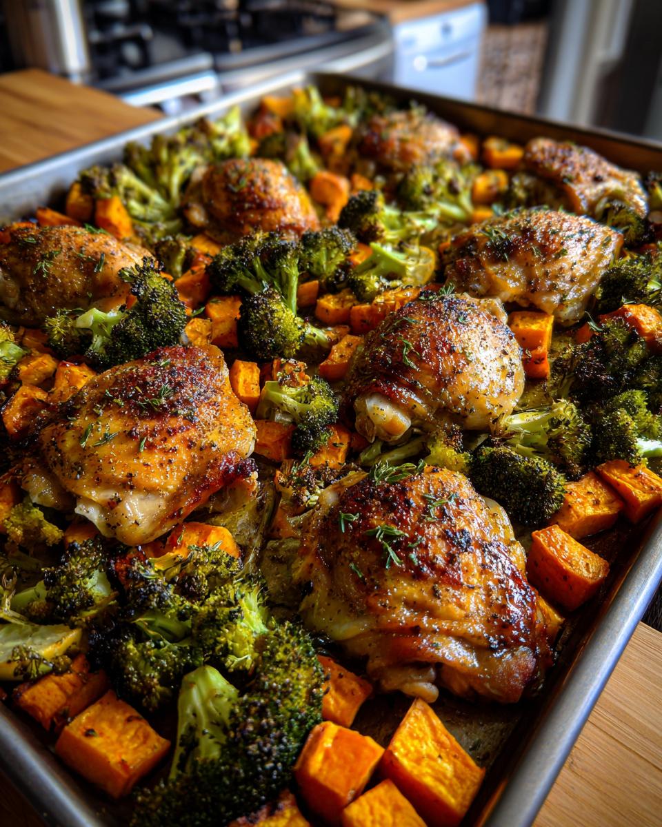 Sheet pan of roasted chicken thighs with broccoli and sweet potatoes, perfect for healthy meal prep recipes.