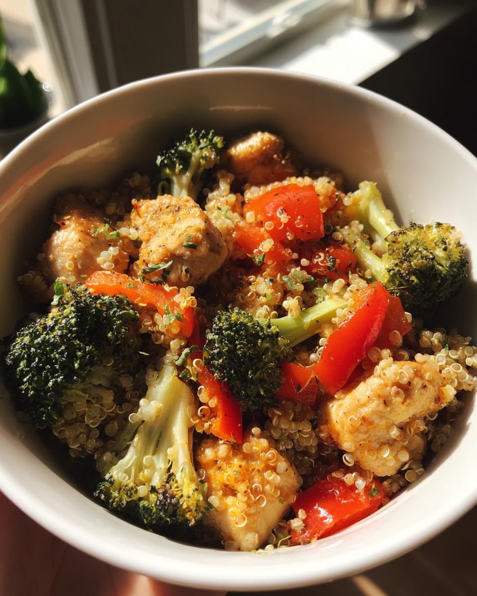 A close-up of a white bowl filled with a healthy meal prep recipe: quinoa, chicken, broccoli, and red bell peppers.