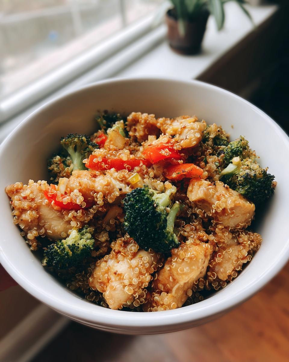 A close-up of a white bowl filled with a healthy meal prep recipe: chicken, quinoa, broccoli, and red peppers.