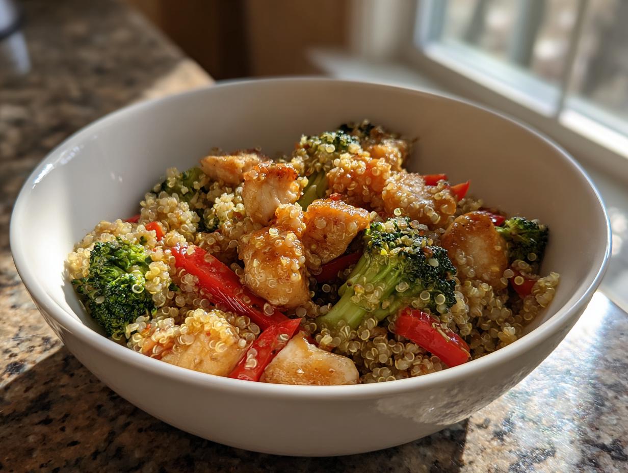 A white bowl filled with a healthy meal prep recipe featuring chicken, quinoa, broccoli, and red peppers.