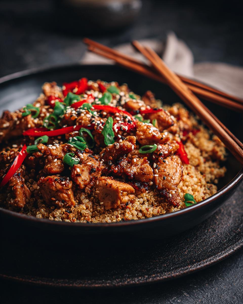 A close-up of a healthy stir-fry meal with chicken, quinoa, red chilies, and sesame seeds, perfect for quick meal prep.