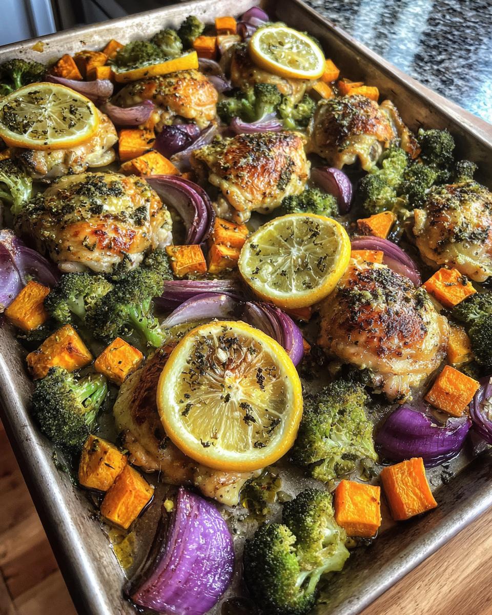 A close-up of a sheet pan filled with seasoned chicken thighs, roasted broccoli, sweet potatoes, red onion, and lemon slices. Healthy One-Pan Recipes for Simple Clean Eating.