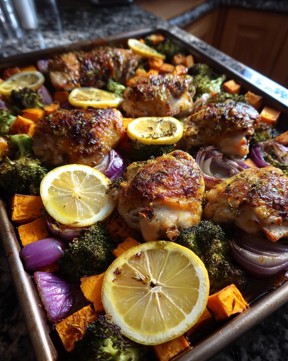 A healthy one-pan recipe featuring roasted chicken thighs with broccoli, sweet potatoes, red onion, and lemon slices.