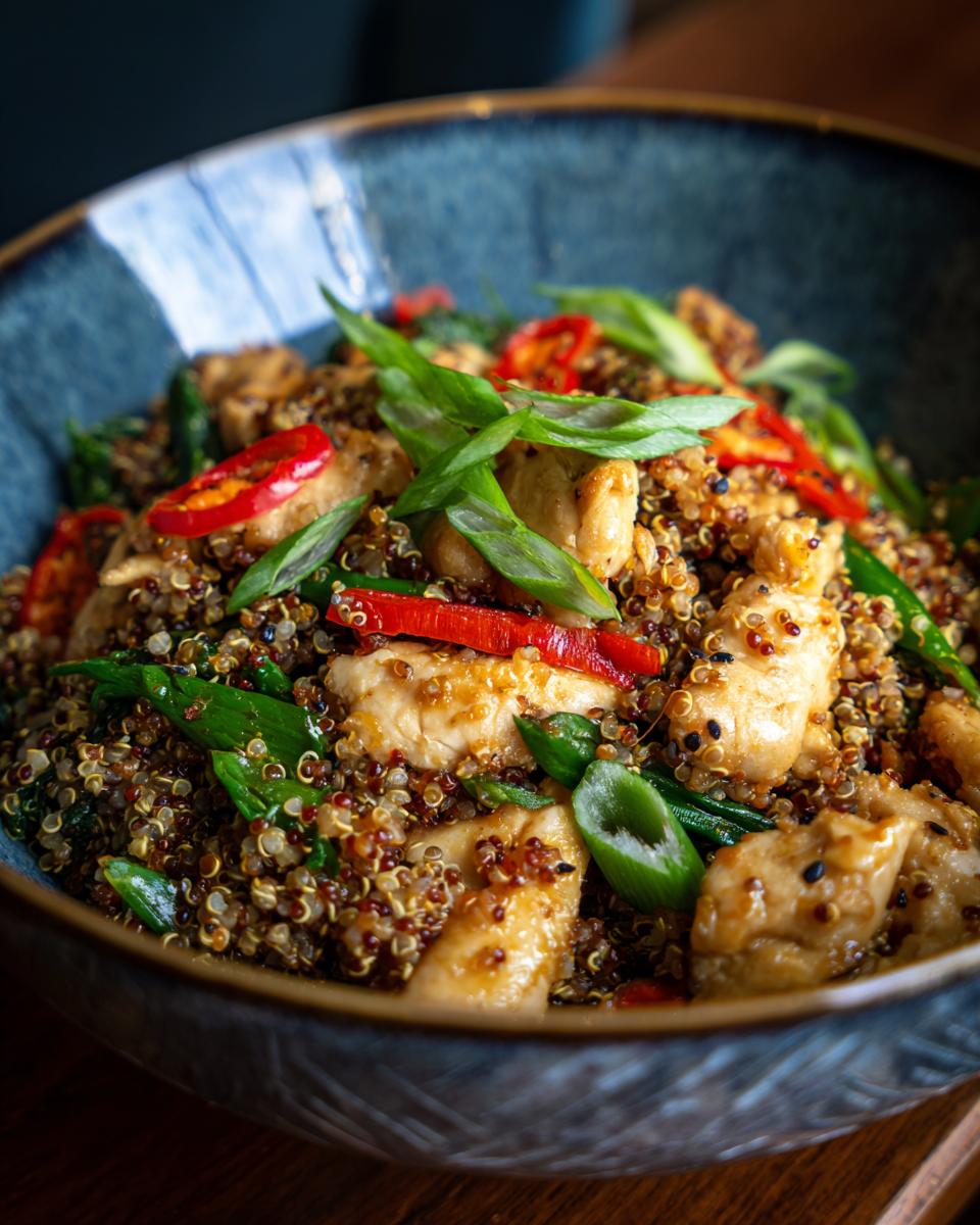 A vibrant bowl of healthy quinoa stir-fry with chicken, red chili peppers, and green onions.