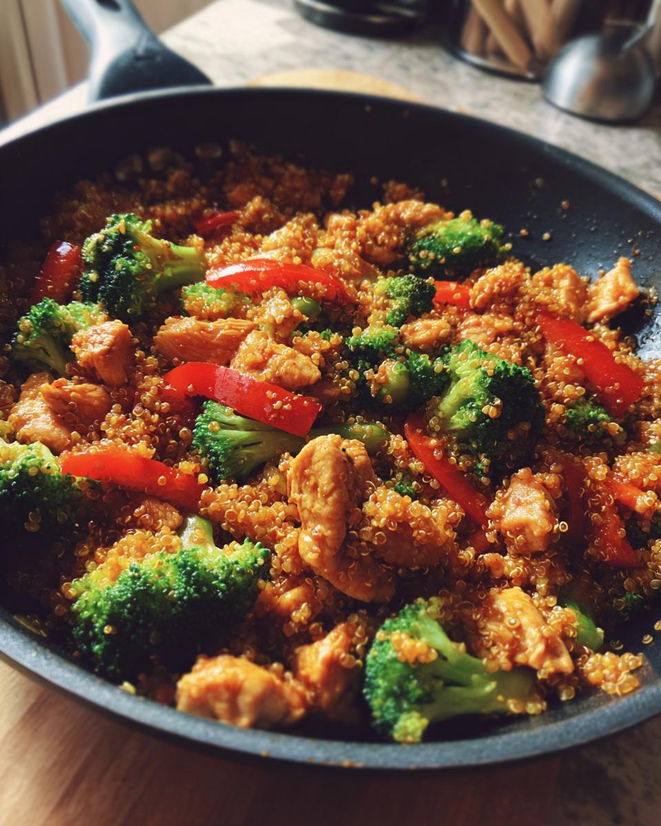 Close-up of a high-protein dinner featuring chicken, broccoli, red peppers, and quinoa in a skillet.