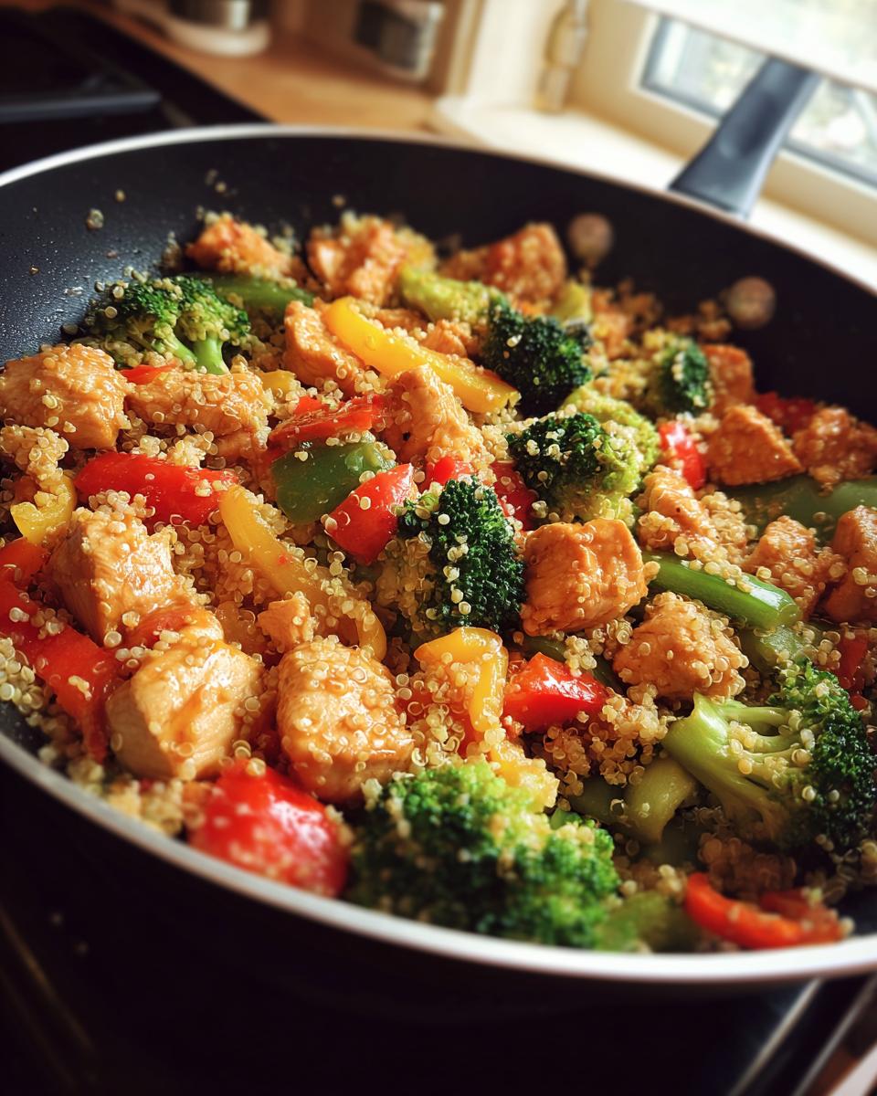 Close-up of a pan filled with a colorful stir-fry of chicken, broccoli, bell peppers, and quinoa, perfect for high-protein healthy dinners.
