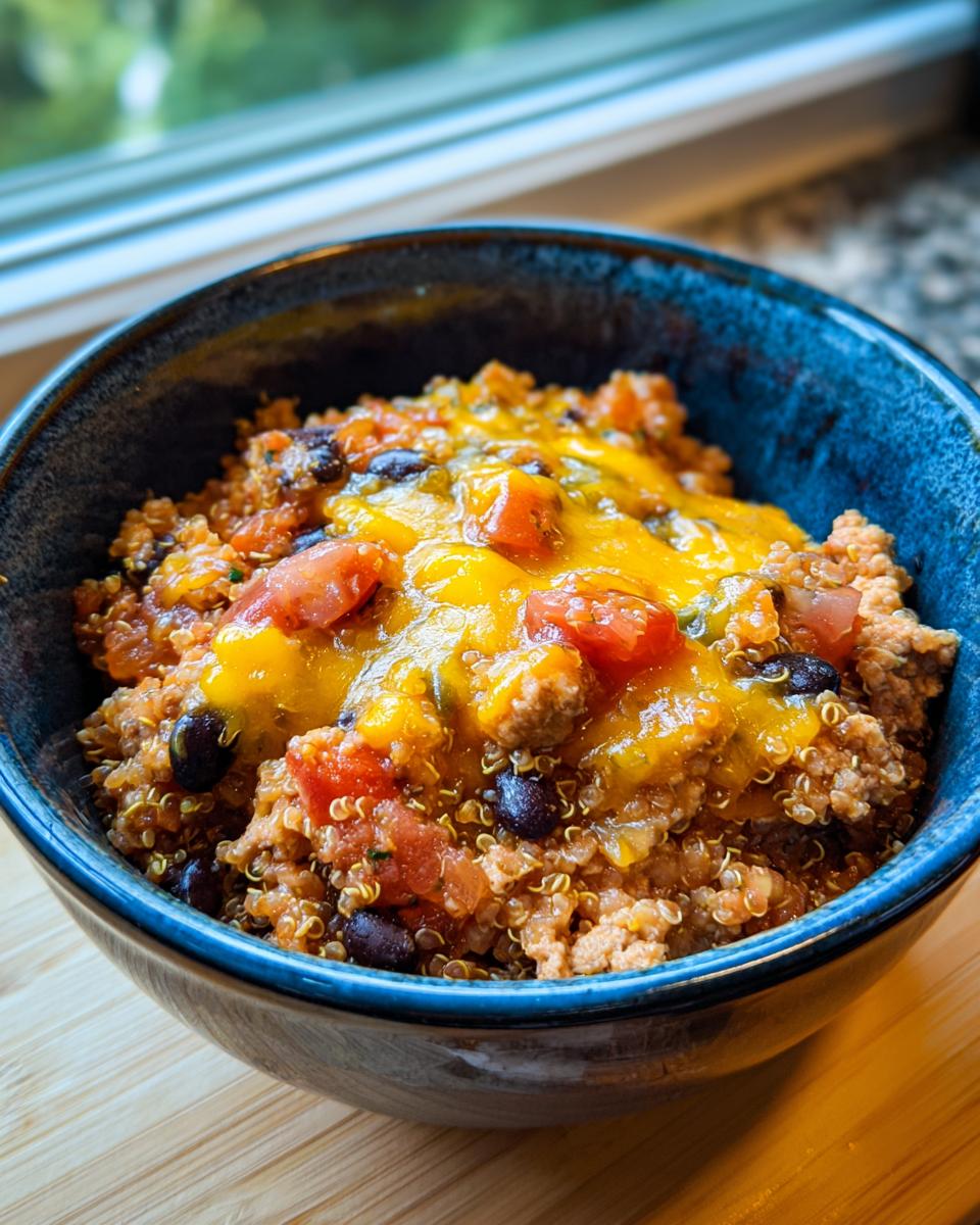 A close-up of a high-protein quinoa bowl with black beans, diced tomatoes, and melted cheese.