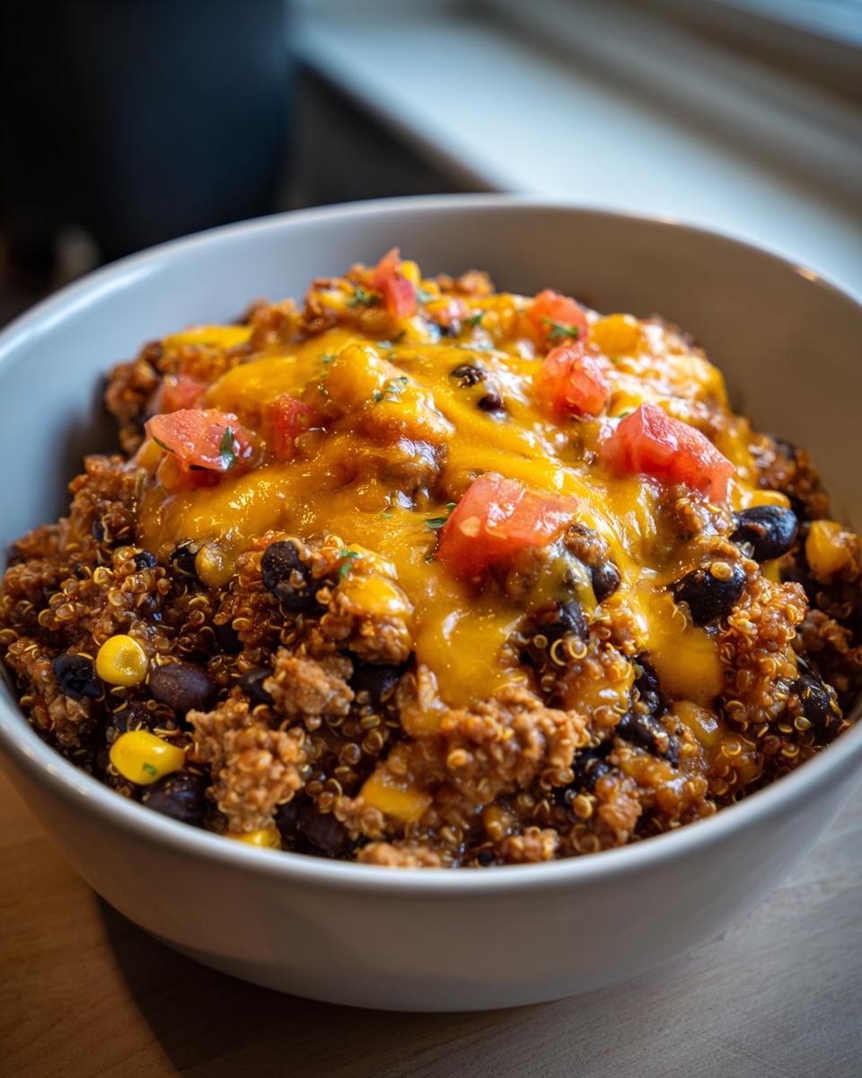 A close-up of a high-protein quinoa bowl topped with melted cheese, diced tomatoes, black beans, and corn.