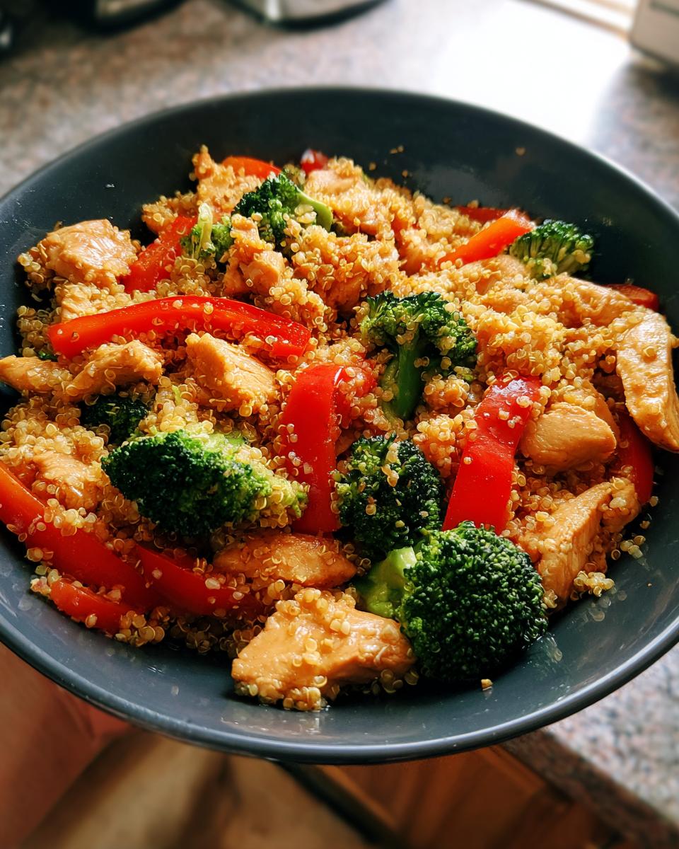 A bowl of high-protein healthy dinner with quinoa, chicken, broccoli, and red bell peppers.