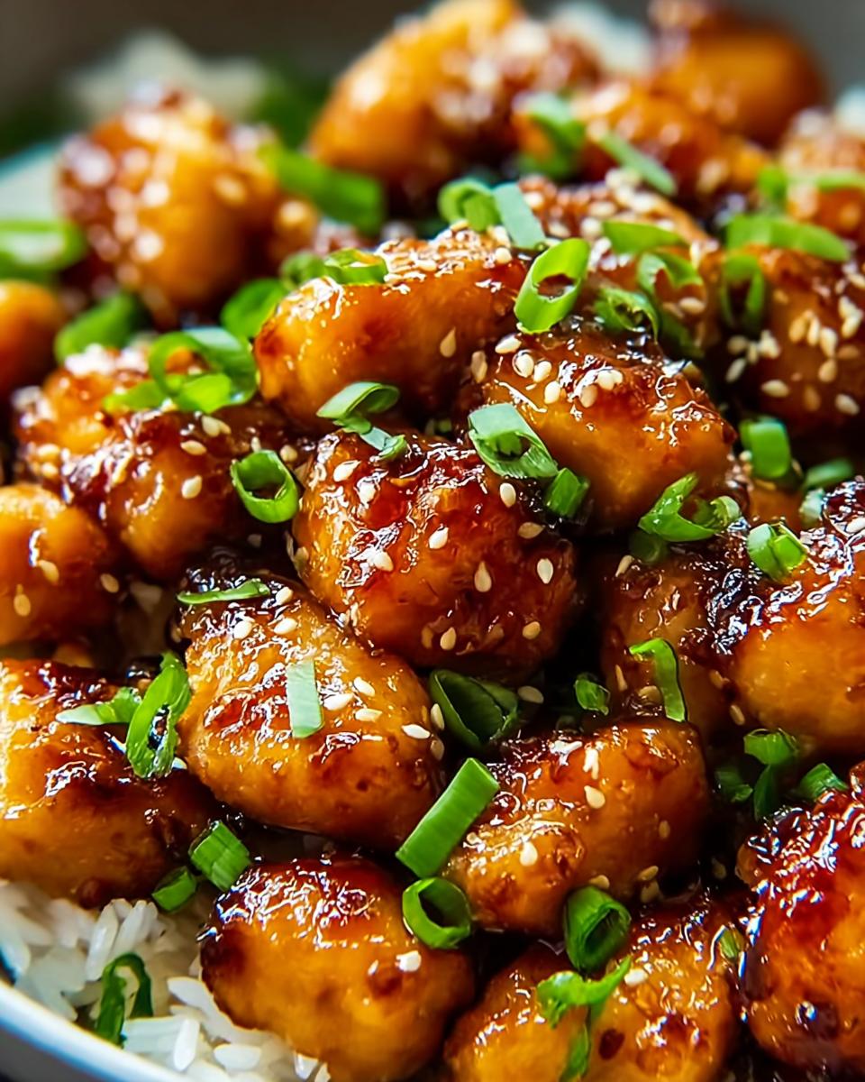 Close-up of delicious honey garlic chicken bites, garnished with sesame seeds and green onions, served over rice.
