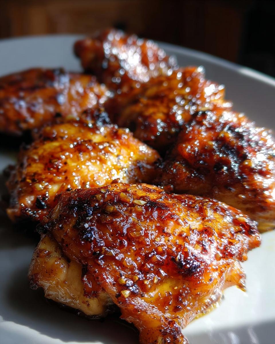 Close-up of glistening Honey Garlic Chicken Thighs, perfectly cooked and glazed, ready to eat.