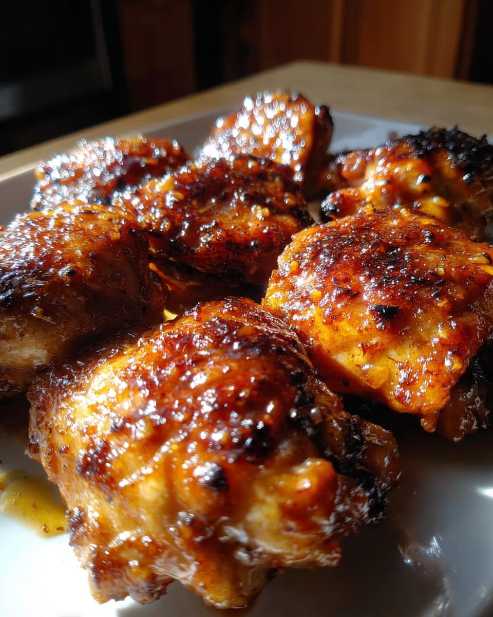 Close-up of glossy Honey Garlic Chicken Thighs, perfectly cooked and glazed, ready to serve.