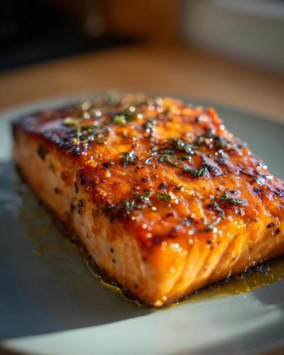 A close-up of a perfectly cooked hot honey salmon fillet with herbs on a plate.
