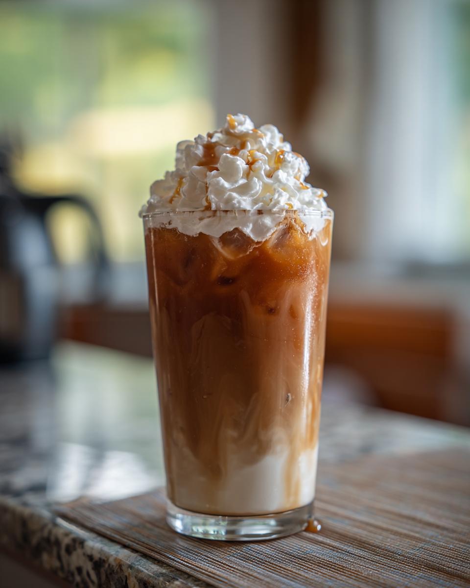 A tall glass of iced coffee with cream and caramel drizzle, perfect for Starbucks drinks.