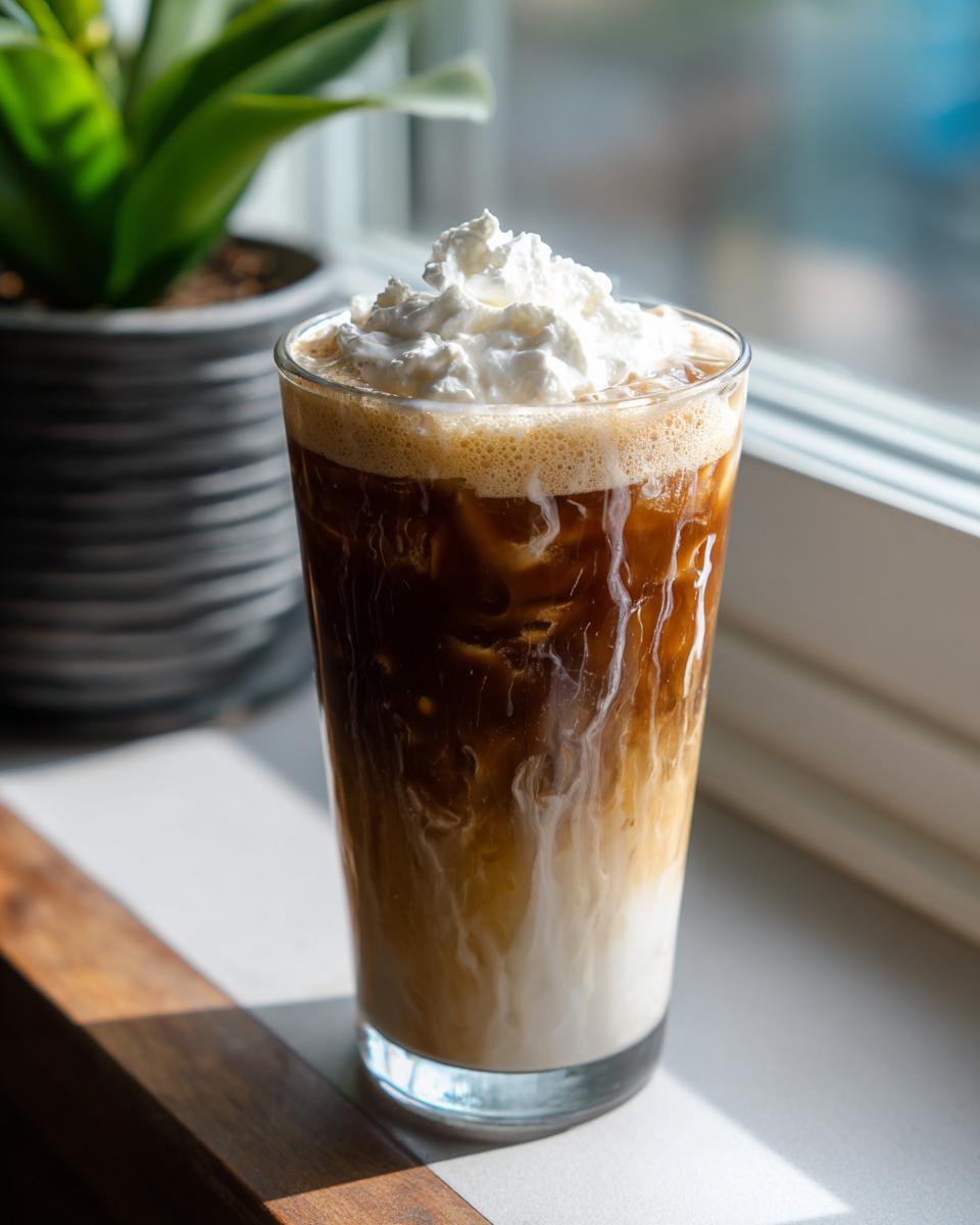 A tall glass of iced coffee with swirls of cream and topped with whipped cream, perfect for Starbucks Drinks.