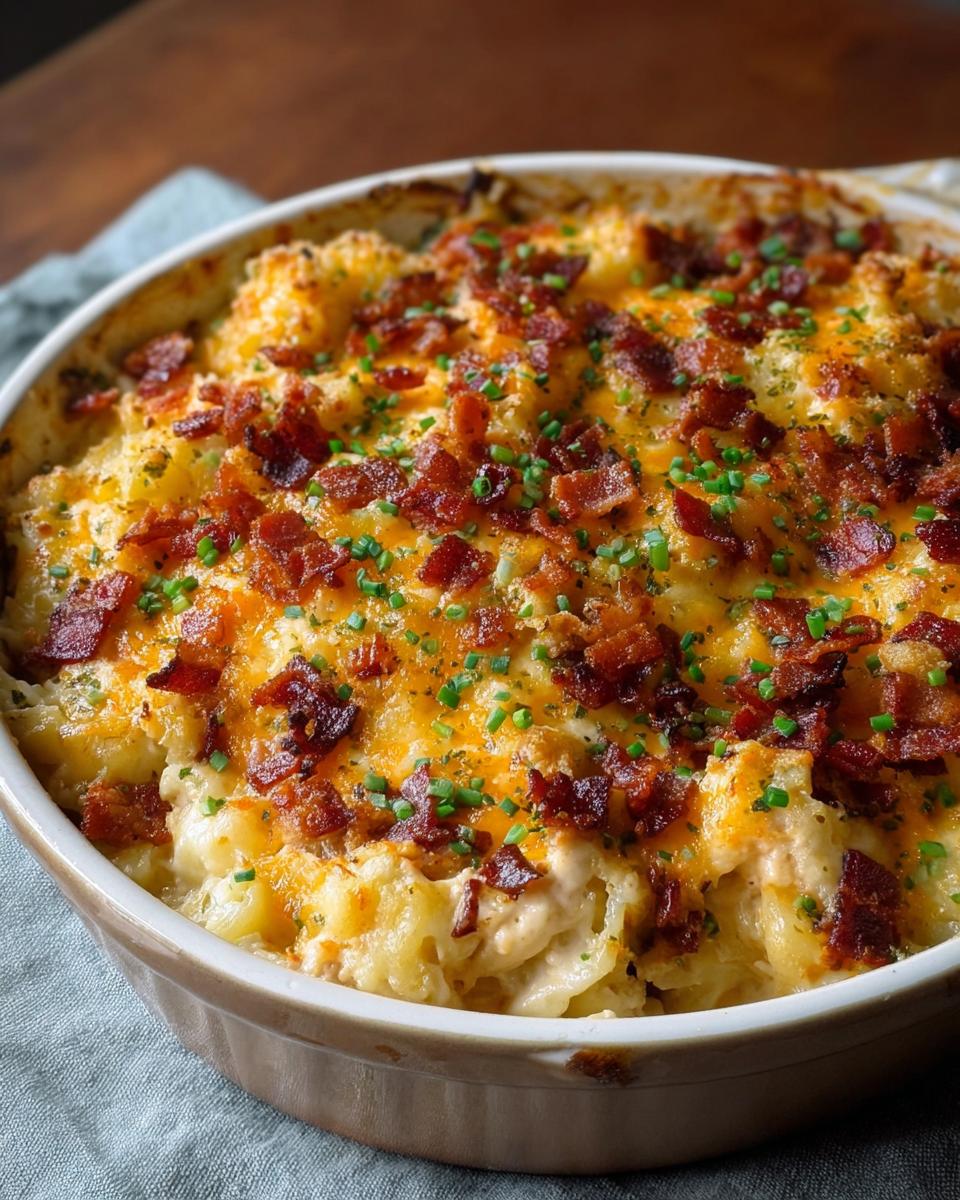 Close-up of an irresistible crack chicken casserole, golden brown and bubbling, topped with crispy bacon bits and fresh chives.