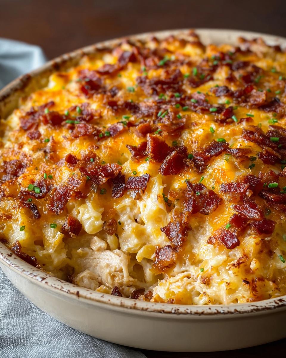 Close-up of a bubbling Irresistible Crack Chicken Casserole topped with melted cheese and crispy bacon bits.
