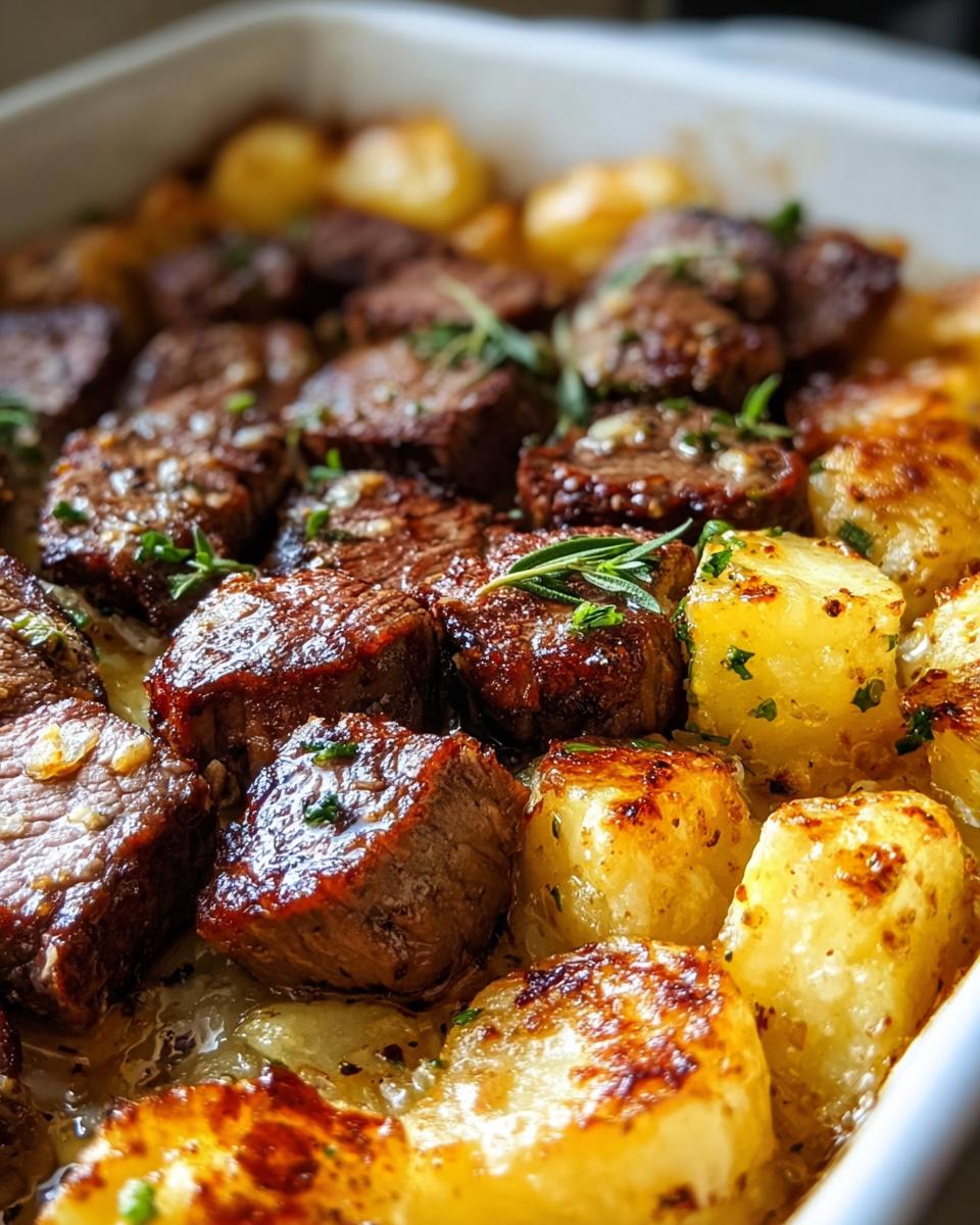 Close-up of Irresistible Garlic Butter Steak Bites and roasted potatoes in a white baking dish.