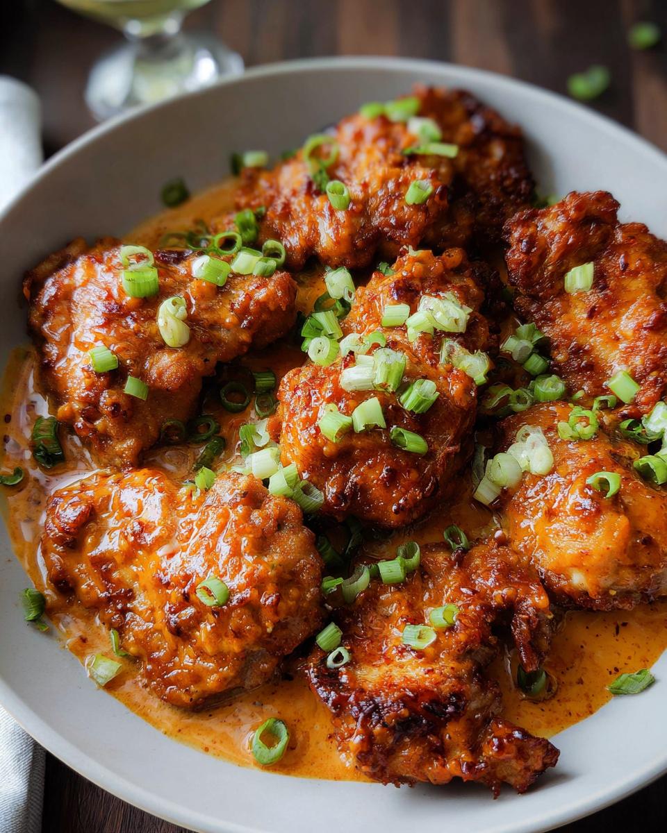 A close-up of juicy chicken thighs coated in a rich, creamy sauce and sprinkled with fresh green onions.