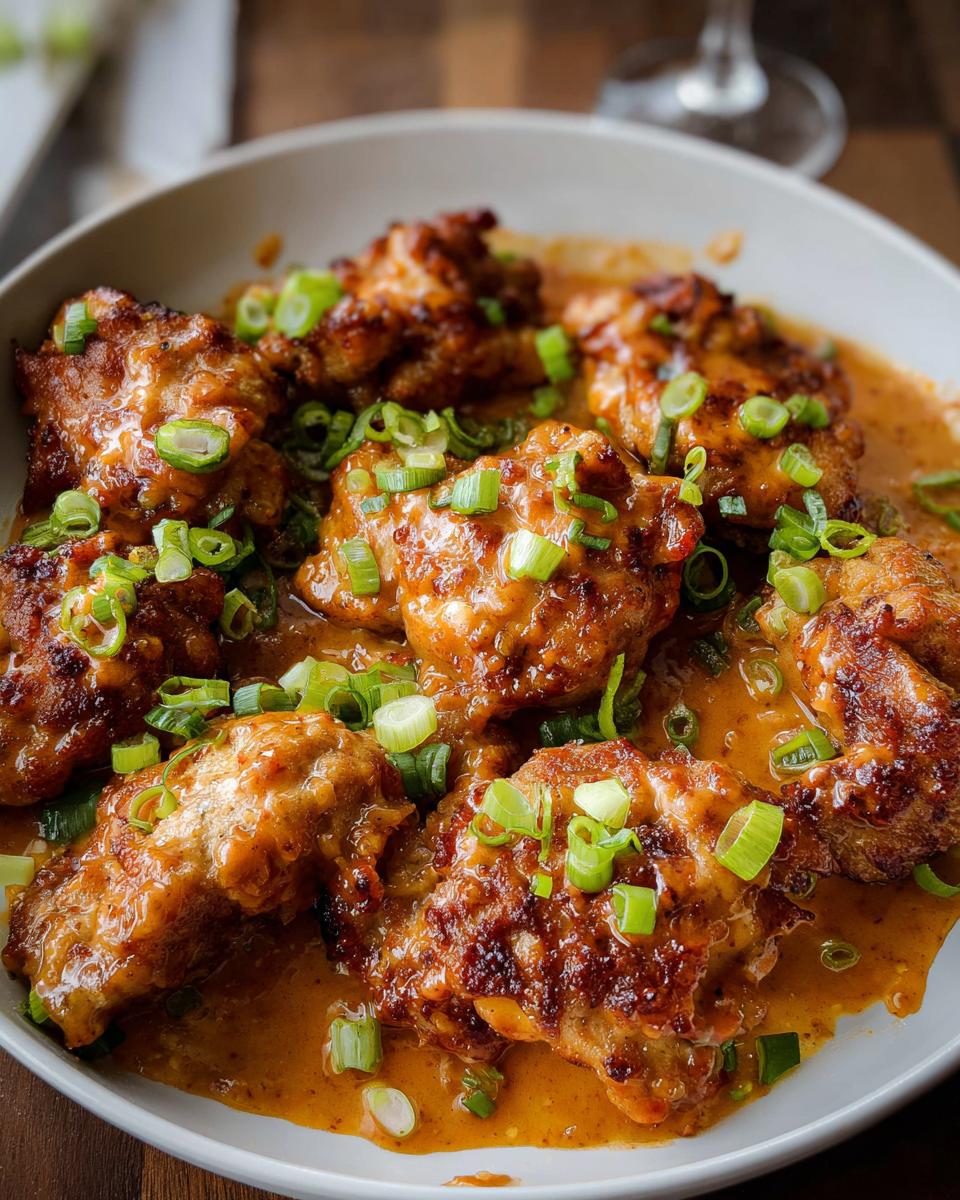 A bowl of juicy chicken thighs coated in a rich, savory sauce and garnished with chopped green onions.