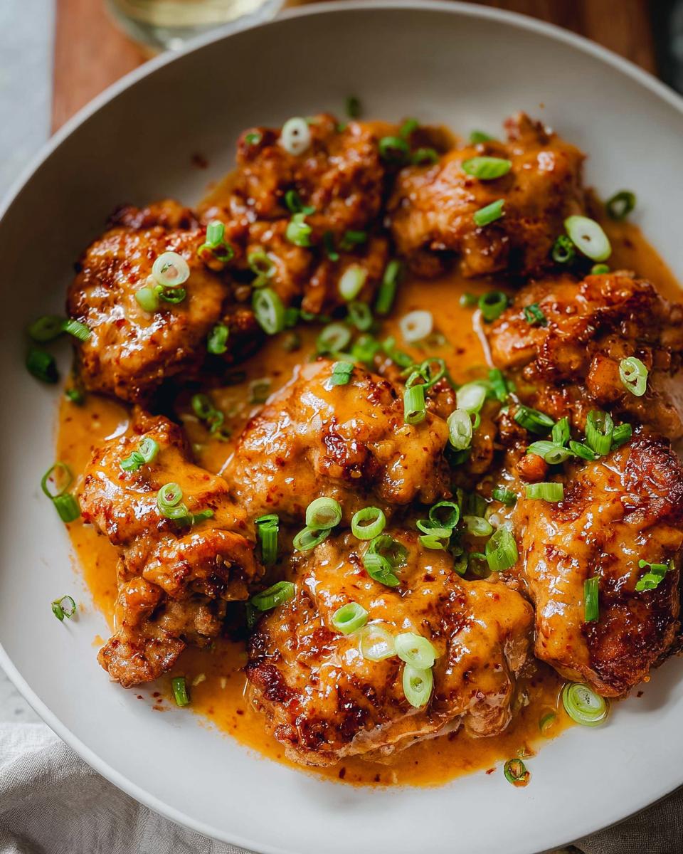 Close-up of juicy chicken thighs recipe coated in a rich, glossy sauce and sprinkled with chopped green onions.