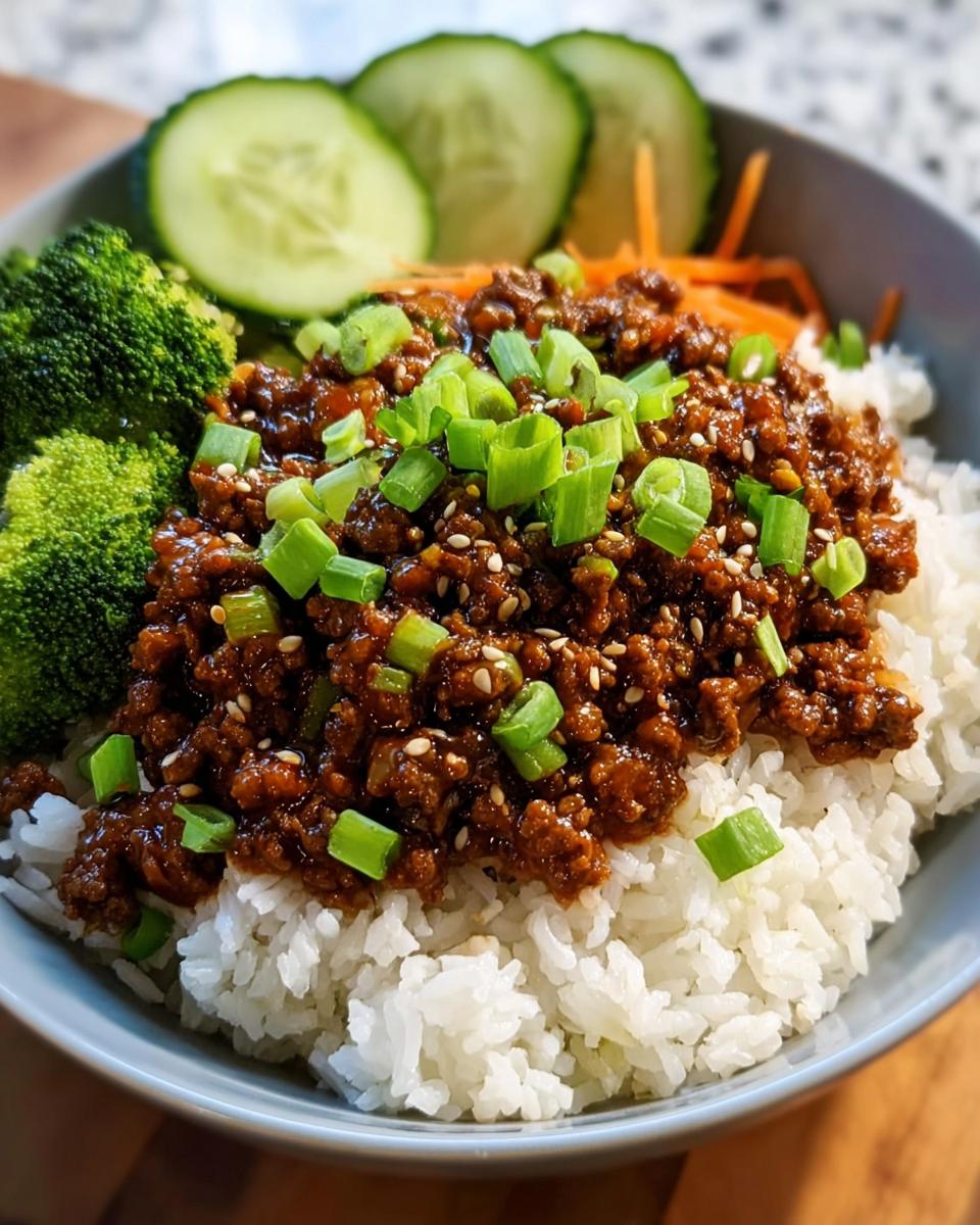 A delicious Korean ground beef bowl served over white rice, topped with green onions and sesame seeds, with broccoli and cucumber on the side.
