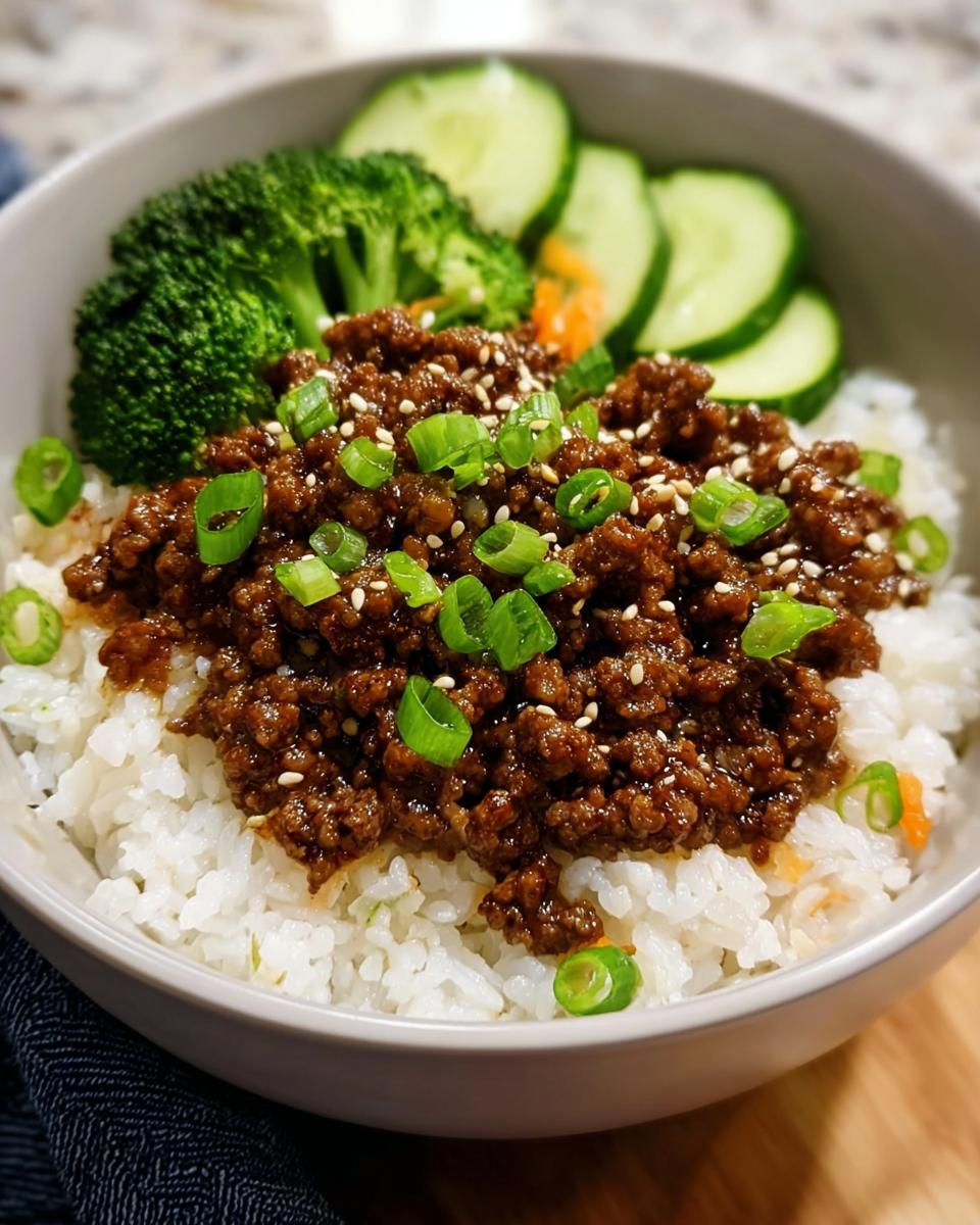 A close-up of a Korean ground beef bowl with rice, topped with green onions and sesame seeds, served with broccoli and cucumber slices.