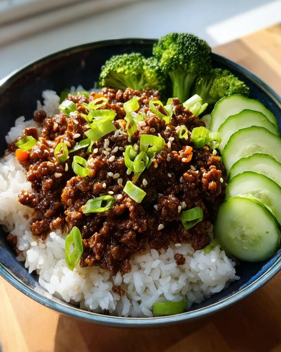 A delicious Korean ground beef bowl topped with green onions and sesame seeds, served with rice, cucumber slices, and broccoli.