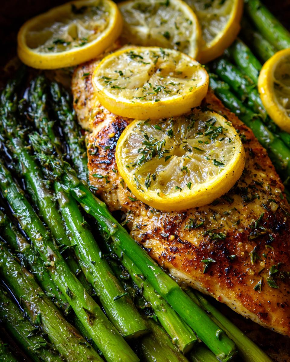 Close-up of a low-calorie dinner featuring lemon herb chicken and roasted asparagus, garnished with lemon slices and herbs.
