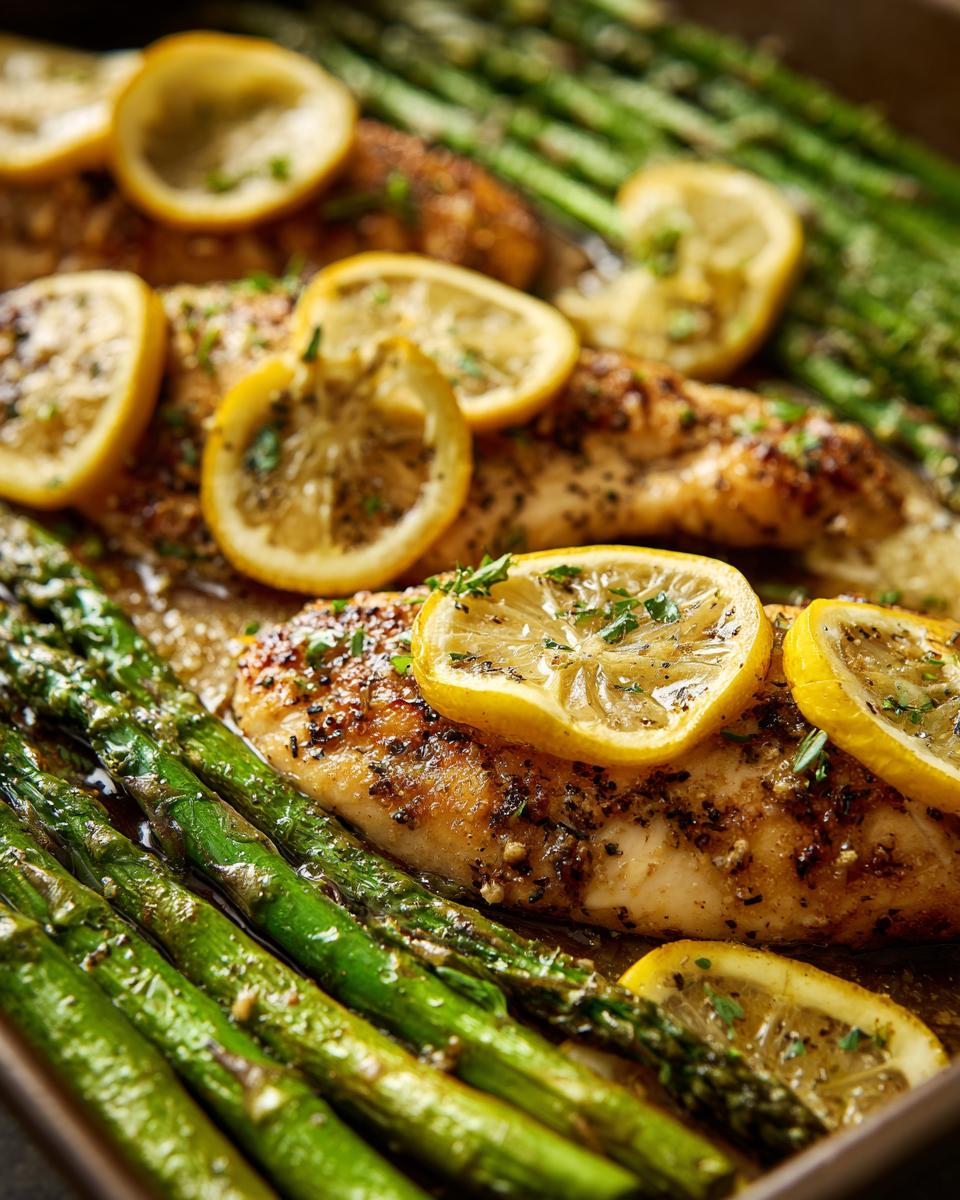 Close-up of baked chicken breast with lemon slices and asparagus, a simple low-calorie dinner idea.