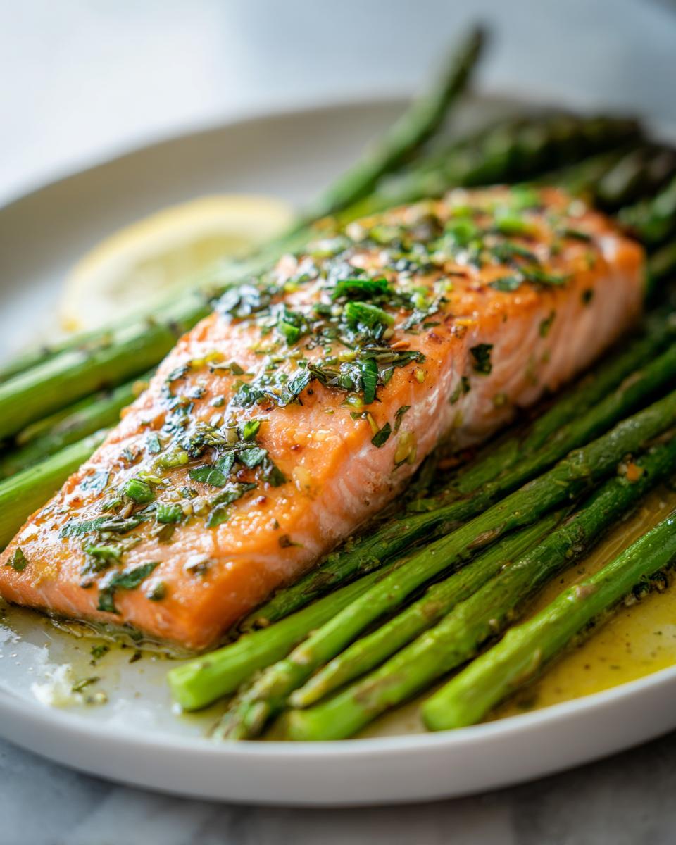 A perfectly cooked salmon fillet seasoned with herbs, served atop a bed of vibrant green asparagus, a perfect light & fresh lunch idea for weight balance.