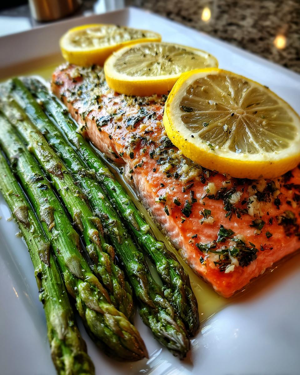 A close-up of a baked salmon fillet topped with lemon slices and herbs, served with roasted asparagus. A perfect light & nutritious dinner recipe.