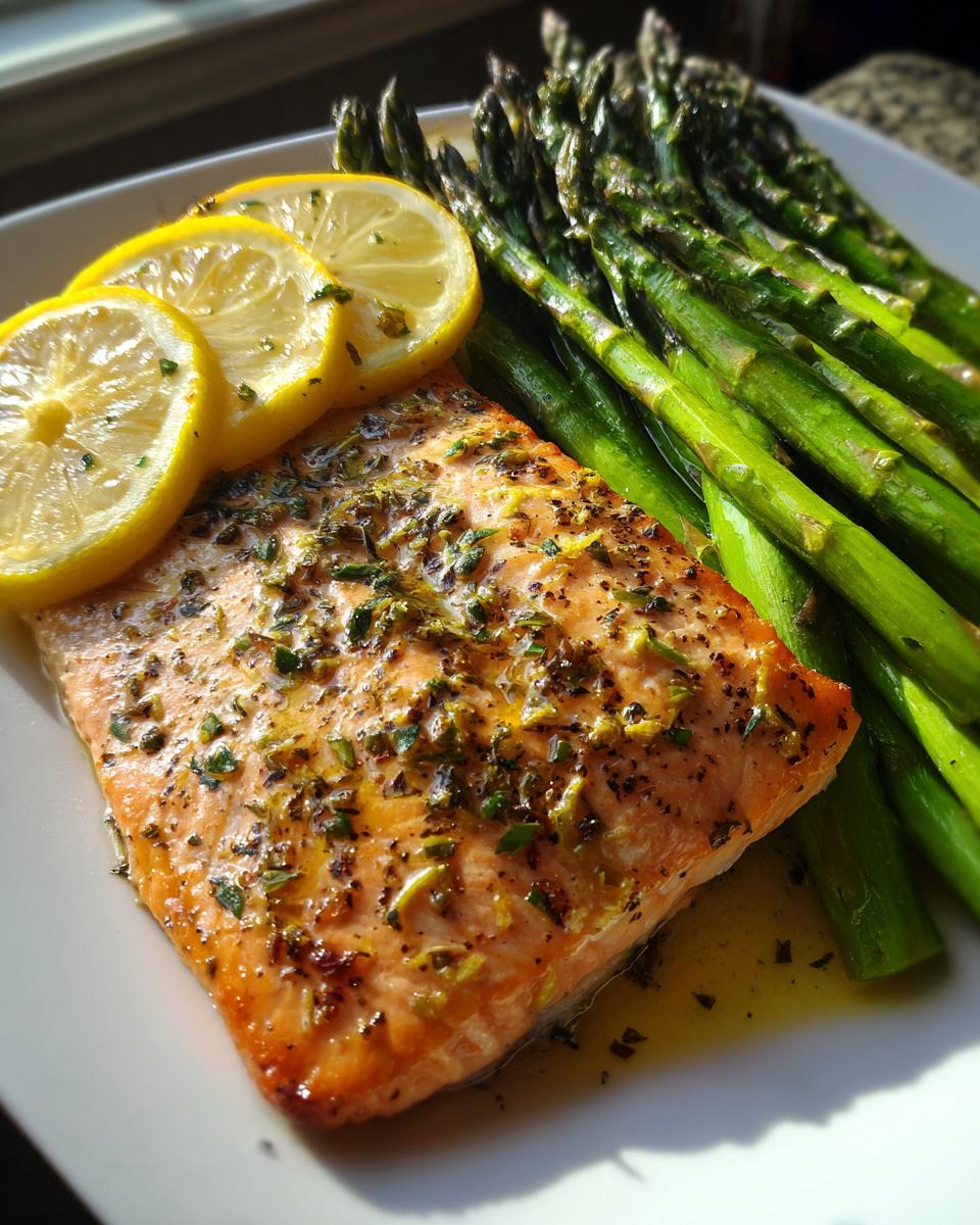 A close-up of a perfectly cooked salmon fillet seasoned with herbs and lemon, served with steamed asparagus spears. A light & nutritious dinner.