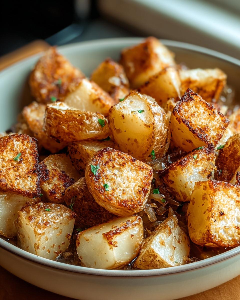 A close-up of golden-brown Lipton Onion Potatoes, roasted to perfection and seasoned with herbs.