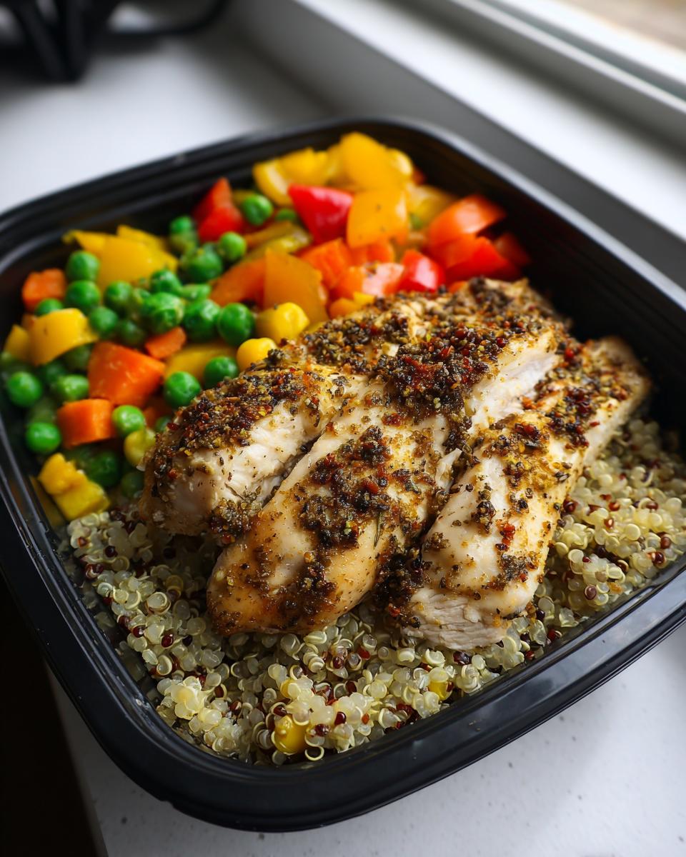 A make-ahead healthy lunch and dinner idea featuring seasoned chicken breast over quinoa with mixed vegetables.
