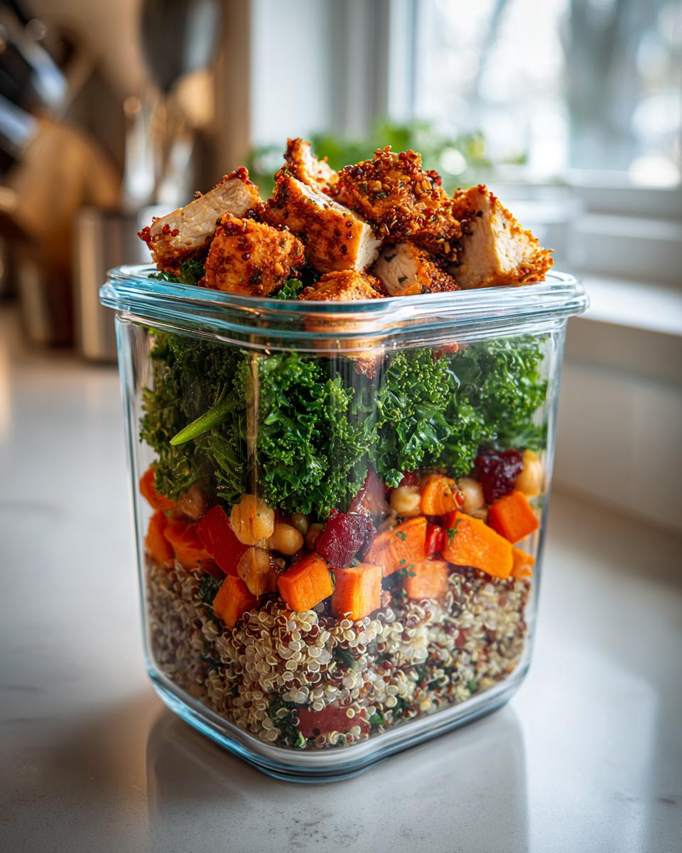 A make-ahead healthy lunch and dinner idea featuring a layered jar with quinoa, sweet potatoes, chickpeas, kale, and topped with crispy chicken pieces.