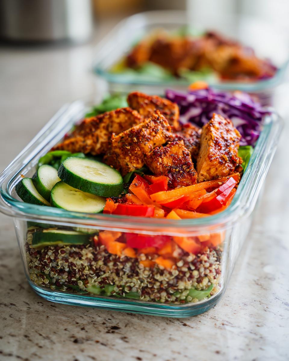 Make-ahead healthy lunch & dinner ideas: A glass container filled with quinoa, cucumber, bell peppers, shredded red cabbage, and seasoned chicken breast.