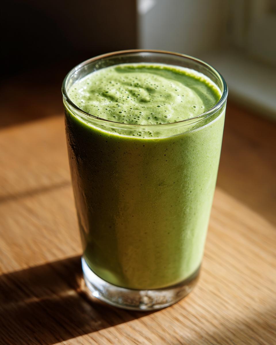 A refreshing glass of Matcha Vanilla Bean Powder Smoothie, topped with foam, on a wooden surface.