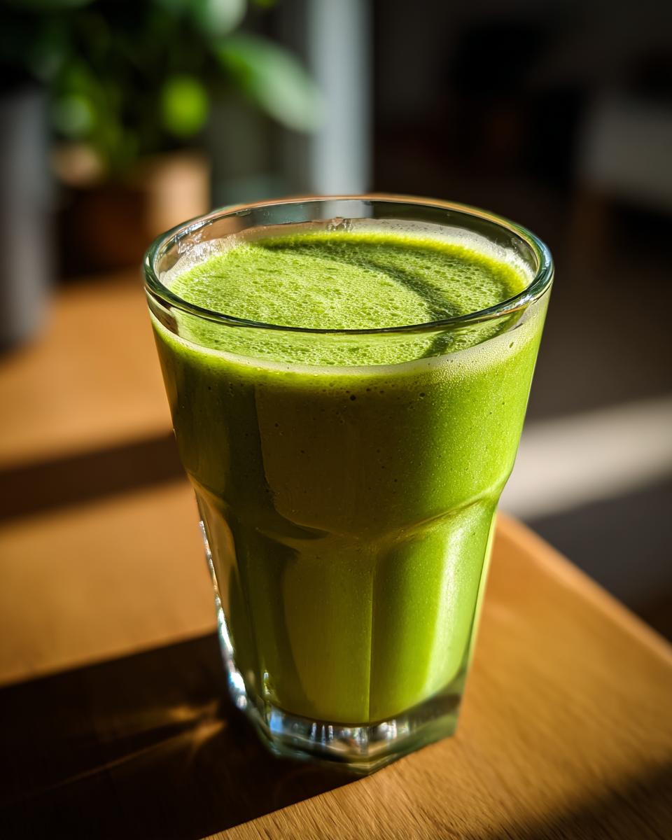 A vibrant green Matcha Vanilla Bean Powder Smoothie in a clear glass, ready to drink.