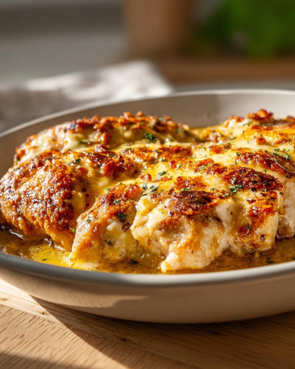 Close-up of Melt In Your Mouth Chicken breasts baked with a golden cheese topping and herbs in a creamy sauce.