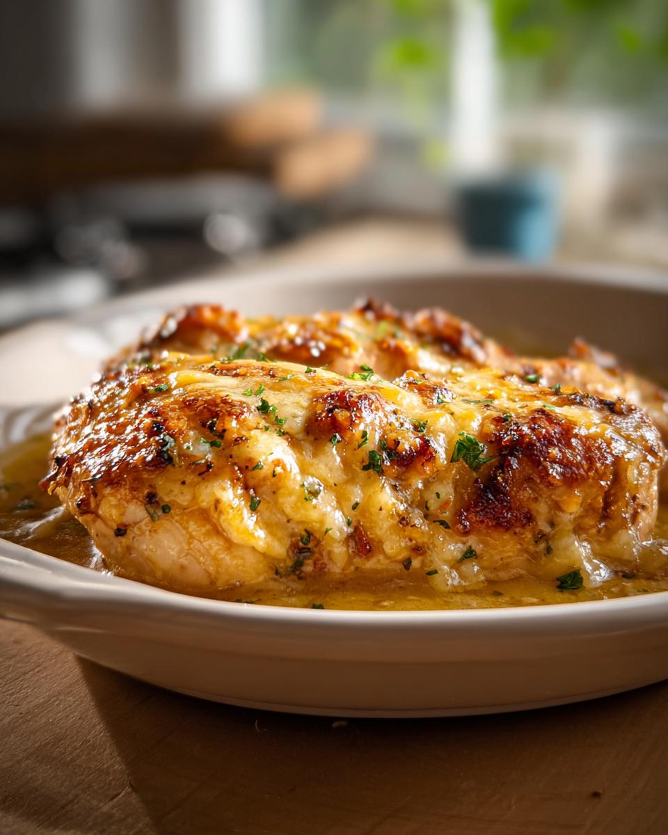 Close-up of Melt In Your Mouth Chicken breasts baked with a golden-brown cheesy topping and herbs.