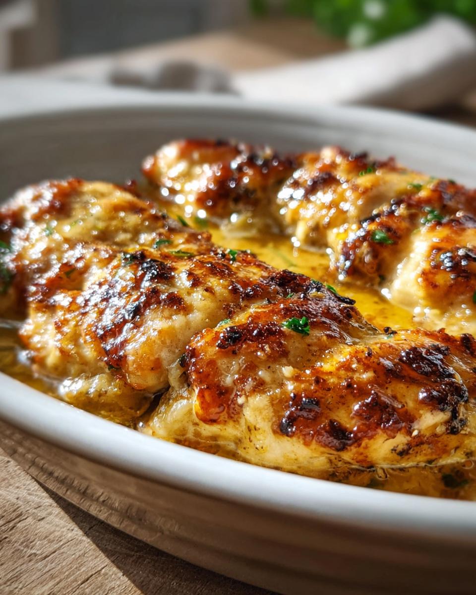 Close-up of Melt In Your Mouth Chicken breasts baked in a creamy garlic butter sauce, garnished with parsley.