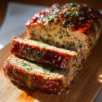 Close-up of a sliced melt in your mouth chicken loaf, glazed with sauce and topped with parsley.
