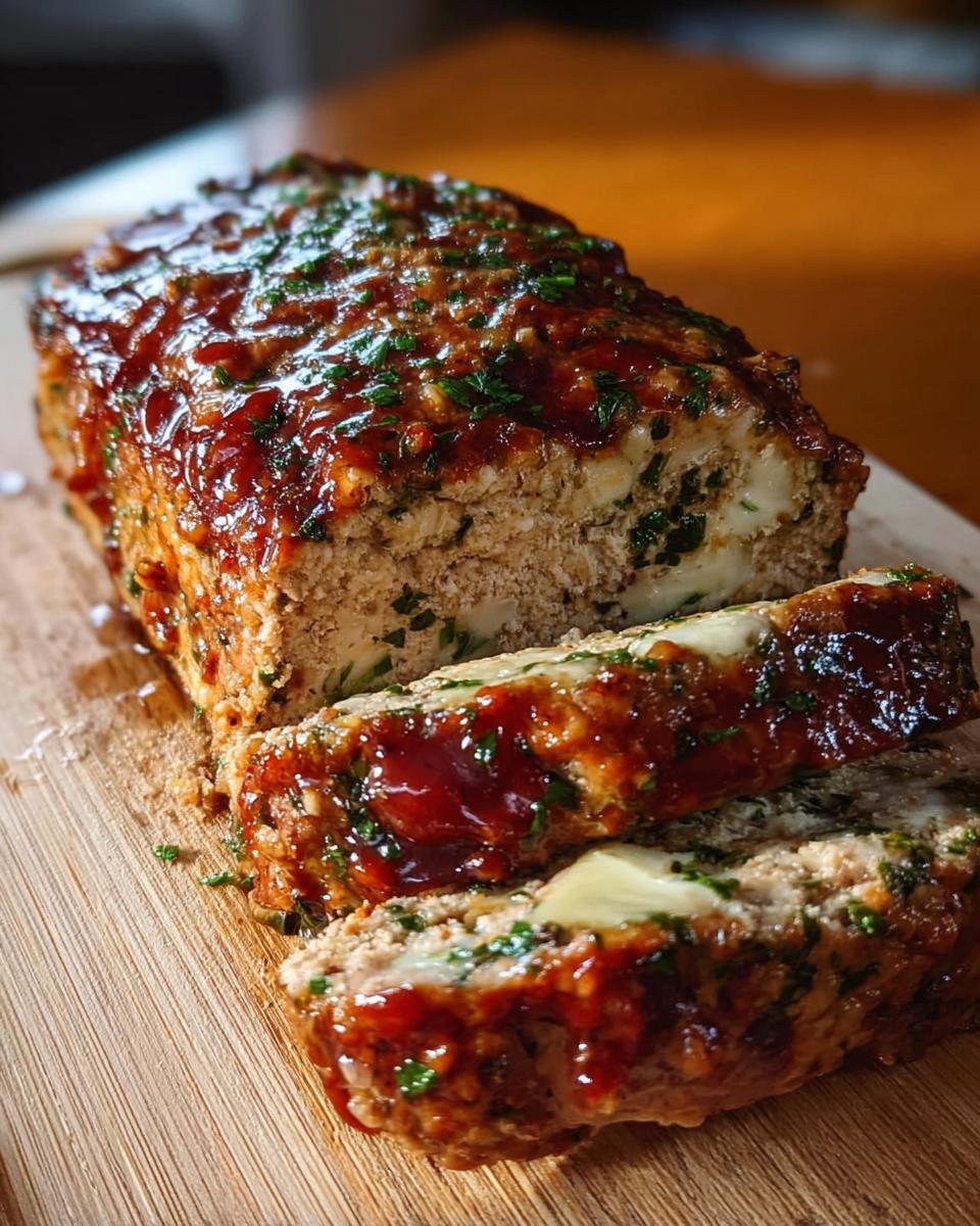 A close-up of a glazed chicken loaf, sliced to reveal a cheesy center, perfect for melt in your mouth chicken recipes.